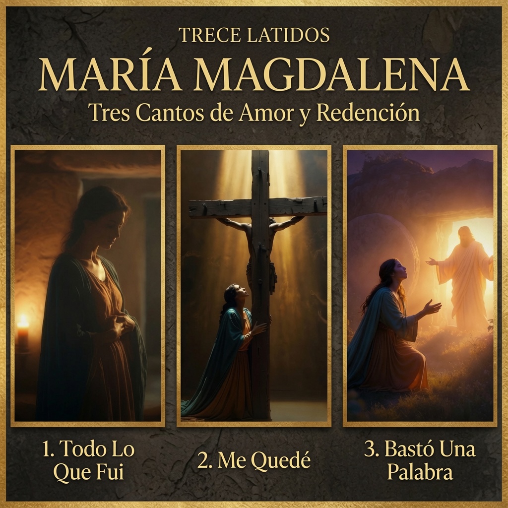 María Magdalena — Tres Cantos de Amor y Redención, tríptico con las tres escenas y marco dorado
